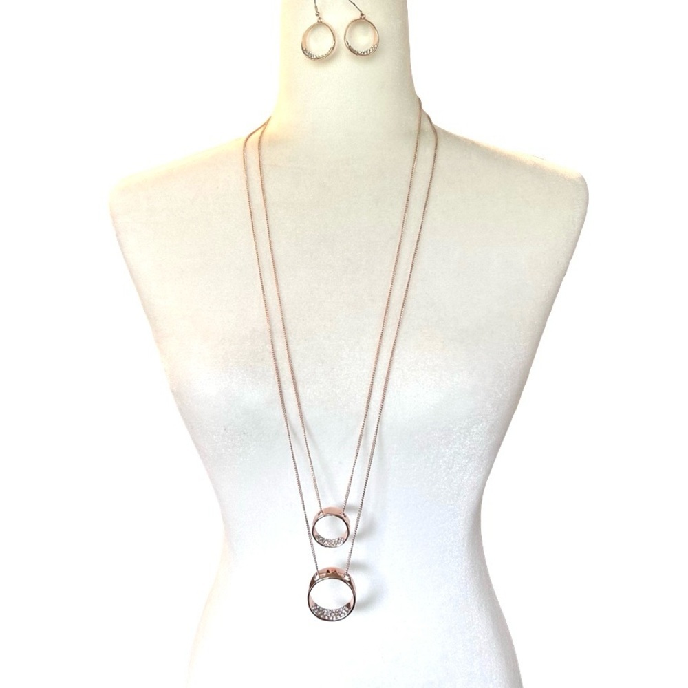 Earrings & Necklace Rose Gold Tone Metal with Crystals Set
